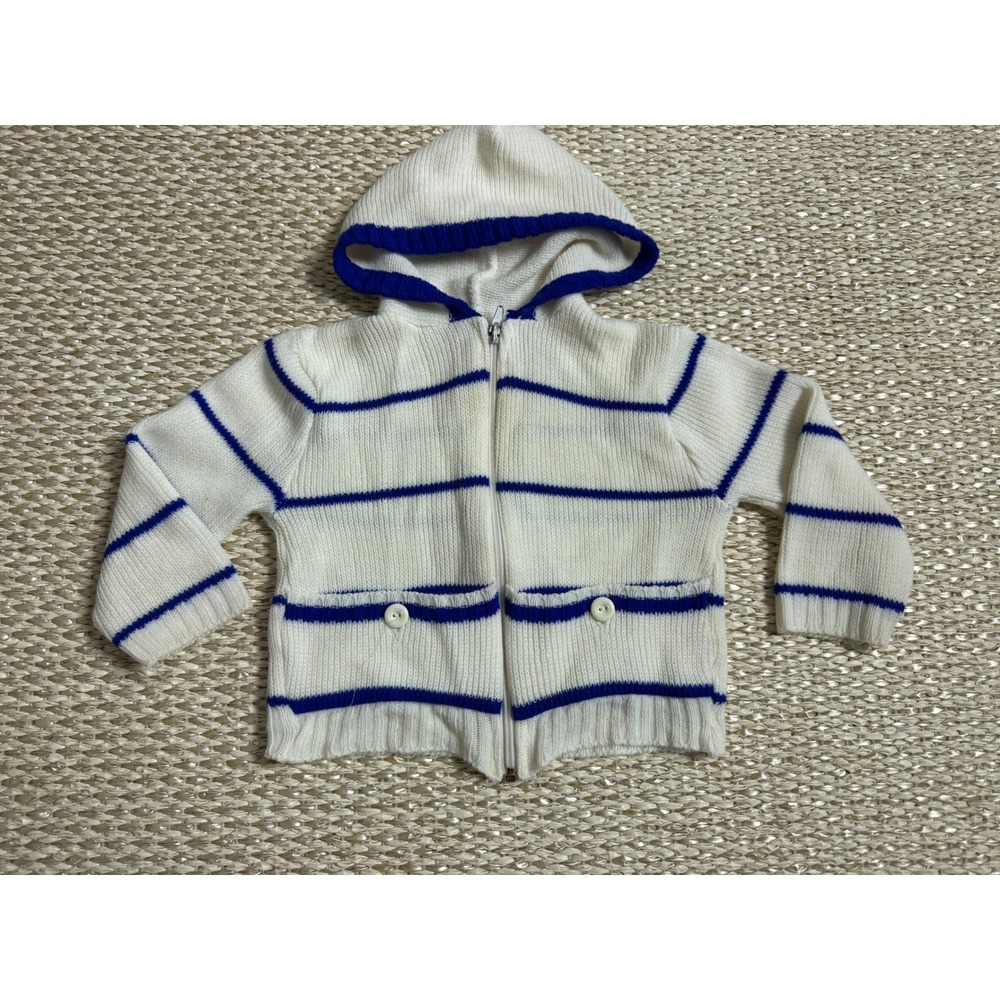 Vintage nautical Baby Zip Up Knit Hoodie Sweater White Blue Striped coastal 24M